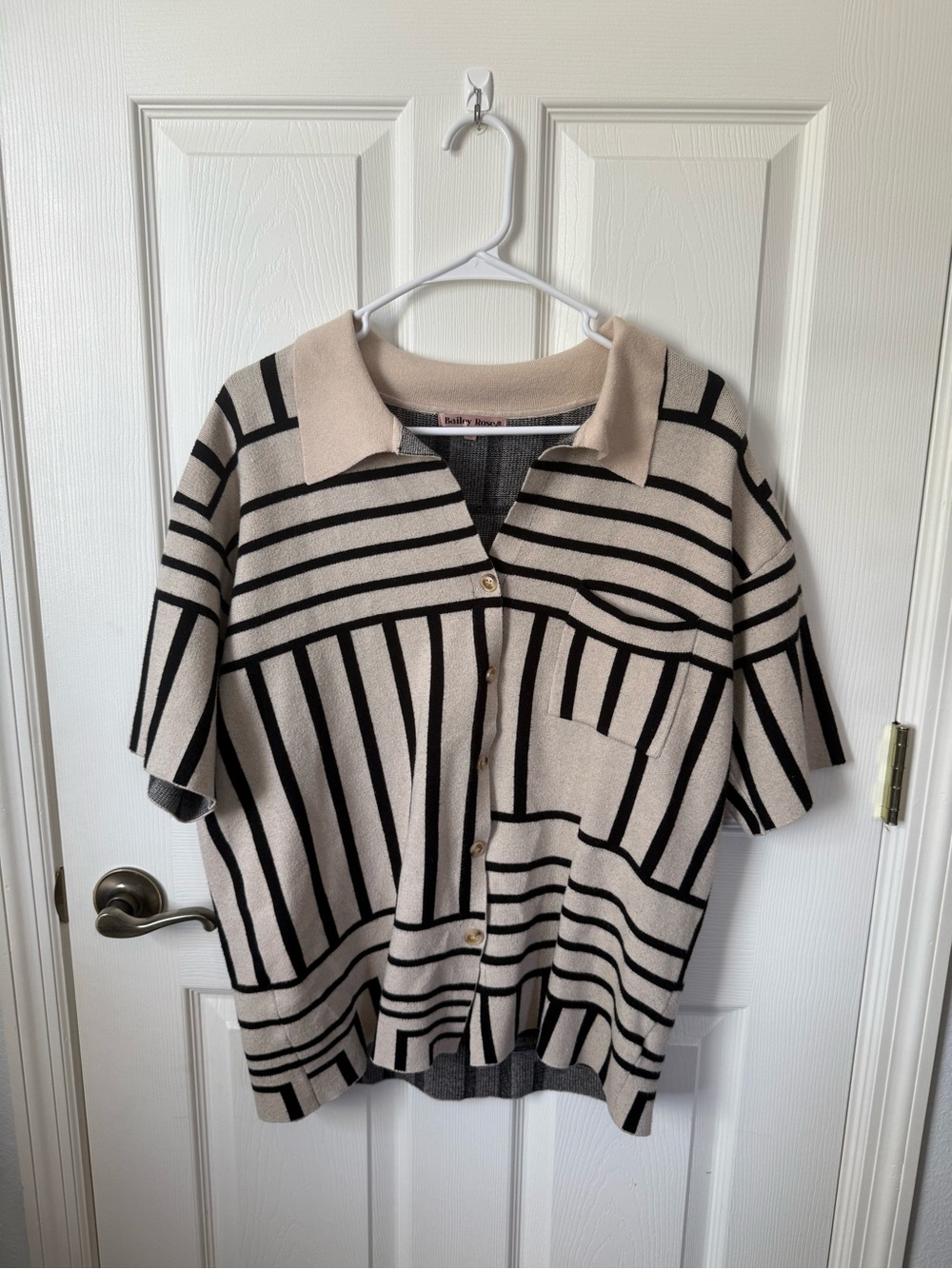 Striped Short Sleeve Button Cardigan - Beige & Black